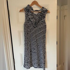 Navy and White Striped Dress With Ruffle Neckline